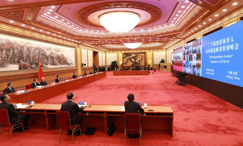 3月26日，习近平在北京出席二十国集团领导人应对新冠肺炎特别峰会并发表题为《携手抗疫 共克时艰》的重要讲话。