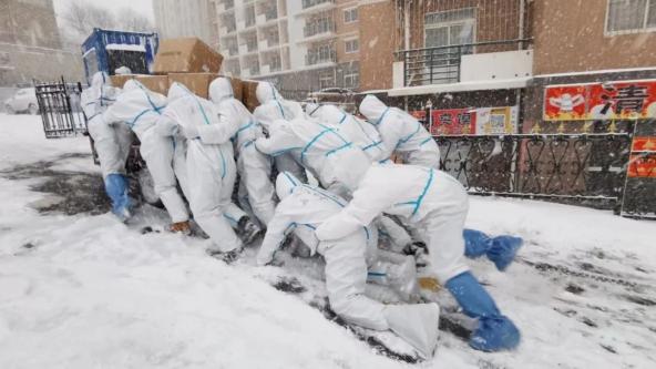 大连抗疫感人一幕:狂风大雪中一群人推着货物 跌倒又爬起