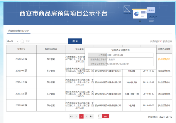 西安市住建局官网商品房预售项目公示平台显示，苏宁雲著项目的预售资金监管银行为广发银行，预售资金监管账户为9550880215205700282。