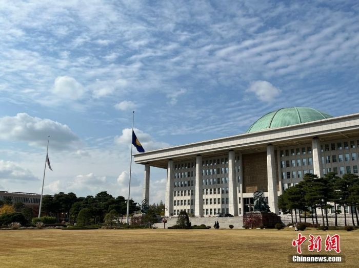 资料图：当地时间2022年10月31日，韩国国会降半旗对梨泰院踩踏事故遇难者表示哀悼。 <a target='_blank' href='/'>中新社</a>记者 刘旭 摄