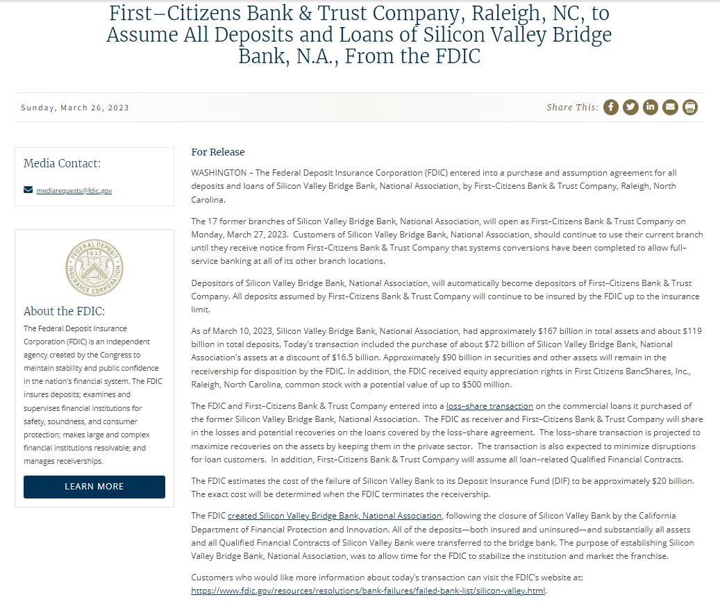 美国联邦存款保险公司：第一公民银行接手硅谷银行- 西部网（陕西新闻网）