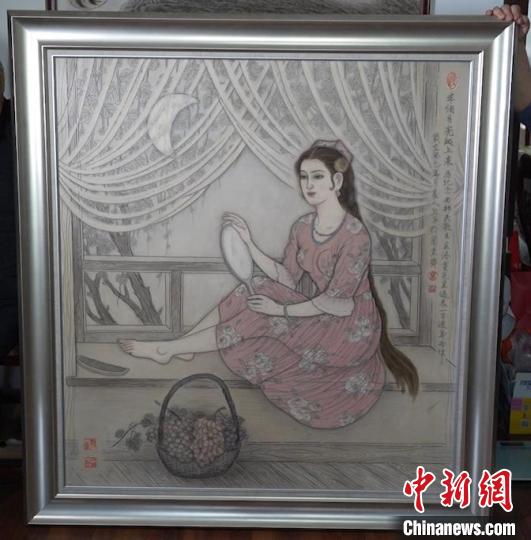 蔺烈板刻线画作品《半个月亮爬上来》。 戎睿 摄 蔺烈板刻线画作品《半个月亮爬上来》。 戎睿 摄