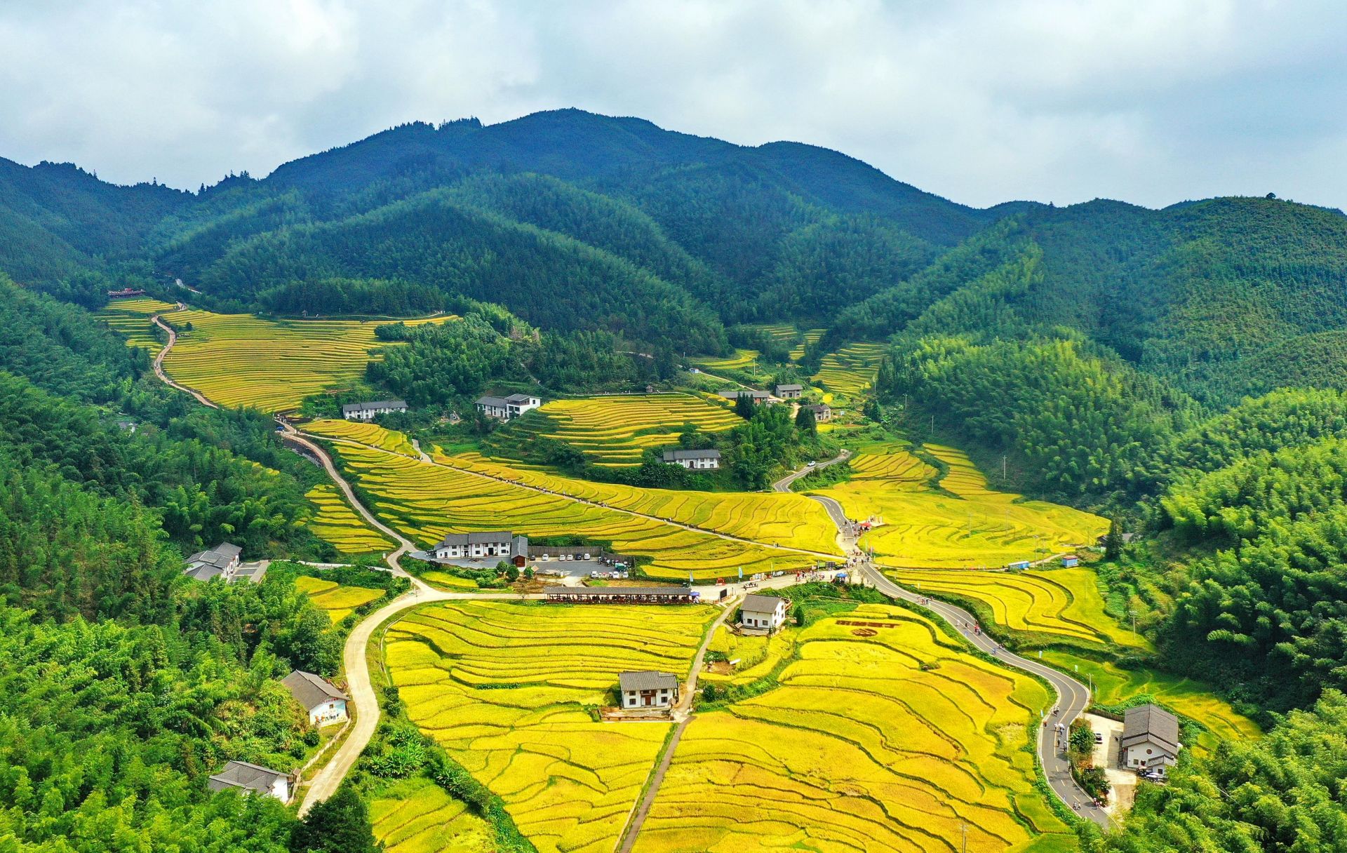 在江西省赣州市崇义县上堡乡，上堡梯田依山蜿蜒、层层叠叠，稻菽飘香，秋风中涌起金黄色的波浪。图片来源：中国气象局