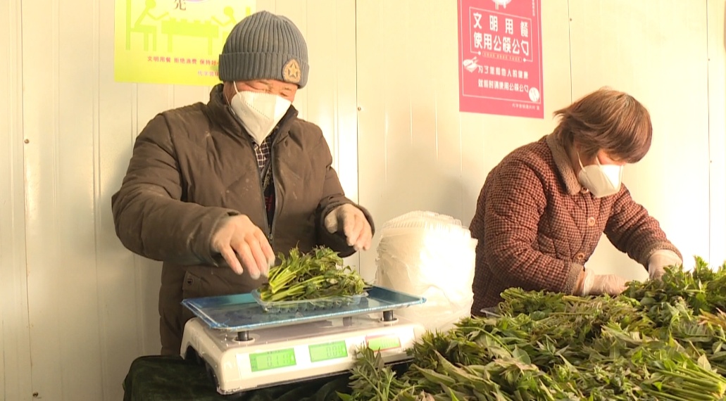 群众正在对采摘后的香椿称重打包