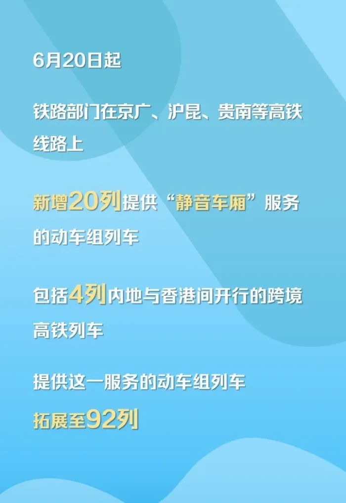中國鐵路：6月20日起“靜音車廂”服務(wù)拓展至92列動車