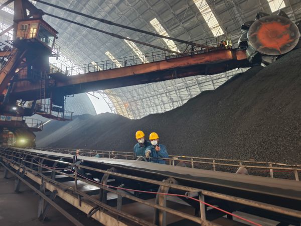 赵善国（右）和同事对电厂煤场进行巡检。受访者供图