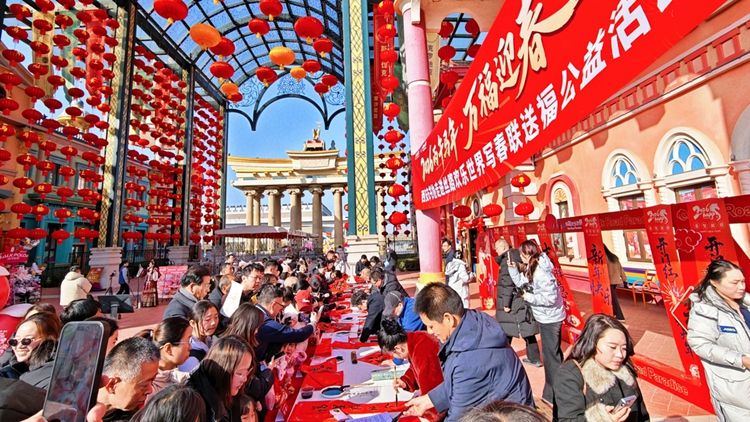 西安书法家丝路欢乐世界挥毫送福 翰墨迎春暖人心