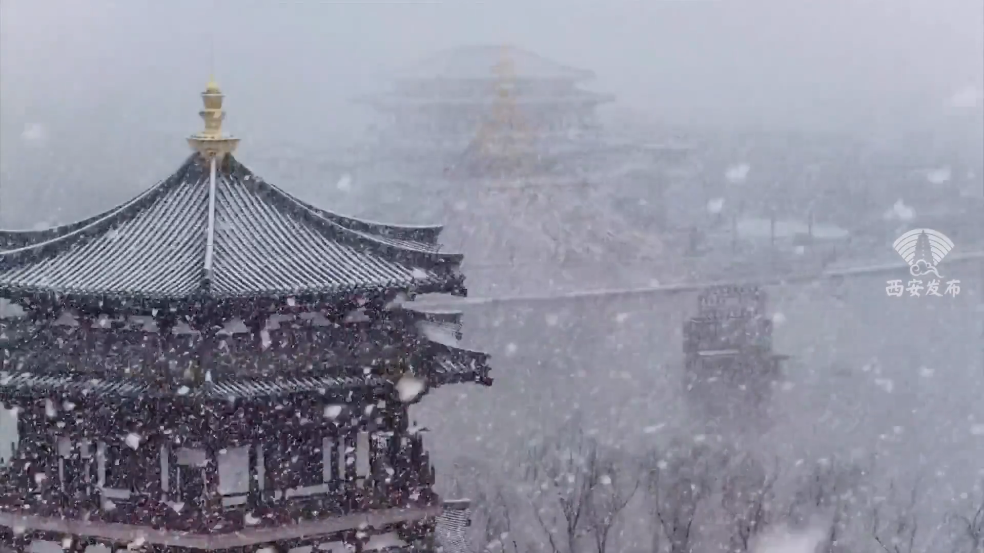 雪中西安大唐芙蓉园银装素裹