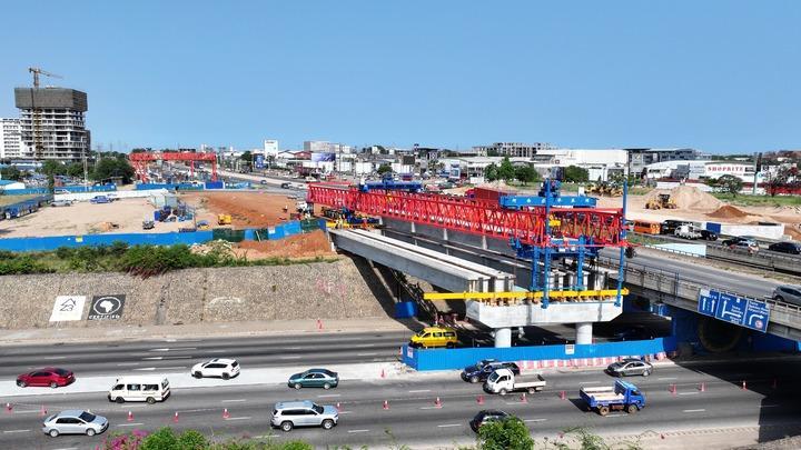 An aerial drone photo taken on March 15, 2026 shows a scene at a bridge construction site of the China Railway No. 5 Engineering Group Ghana Limited in Accra, Ghana. (China Railway No. 5 Engineering Group Ghana Limited/Handout via Xinhua)