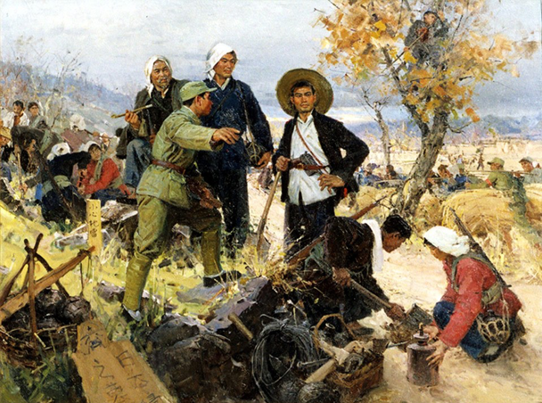 油画《地雷战》抗日战争期间,地雷大显神威,不仅在山东海阳人民的