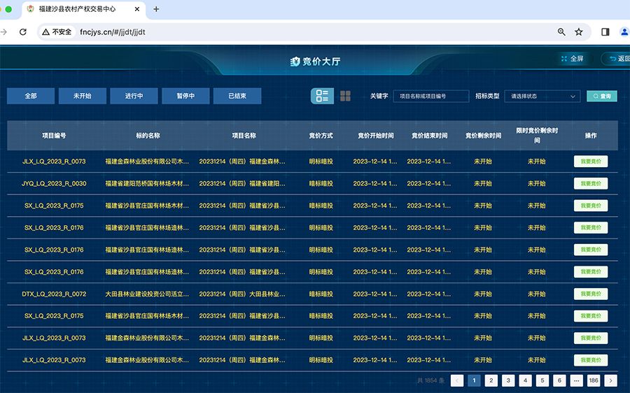 2023年12月13日晚间福建沙县农村产权交易中心官网竞价大厅页面显示